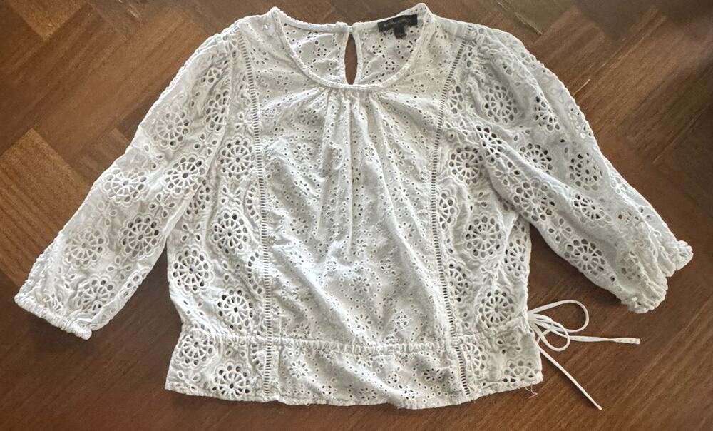 Banana Republic White Eyelet Lace 3/4 Sleeve Peplum Blouse Women's Large Cotton